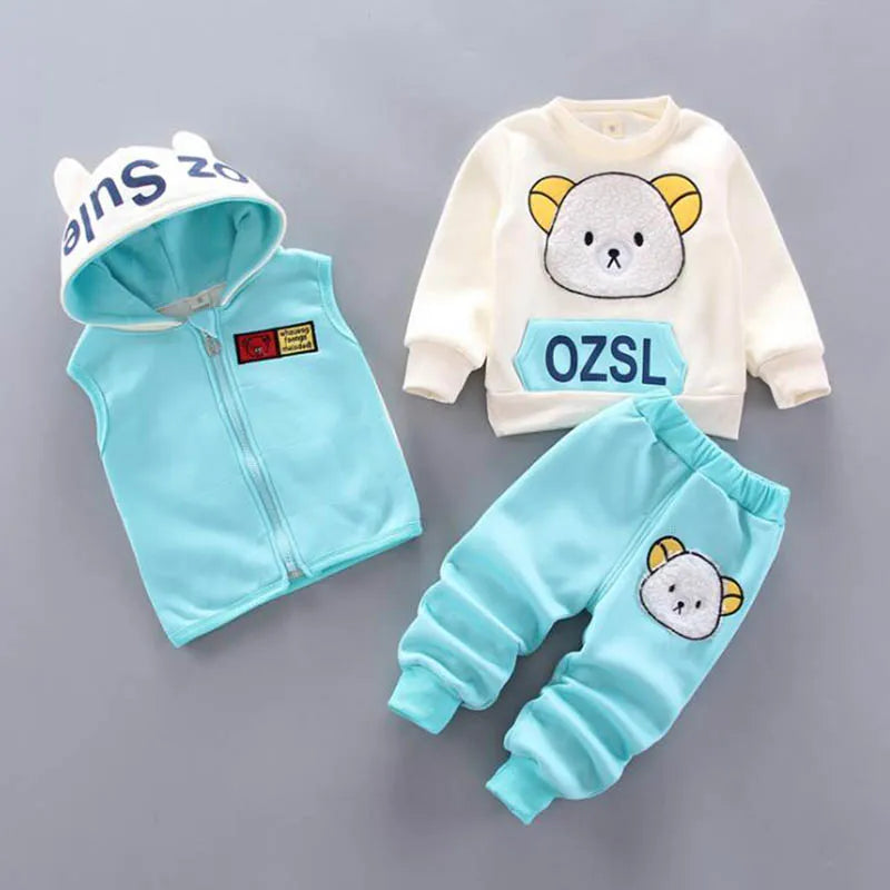 Baby Boys And Girls Clothing Set Tricken Fleece Children Hooded Outerwear 3PCS Outfits Warm Costume Suit