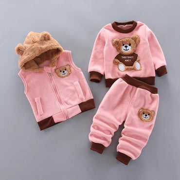 Baby Boys And Girls Clothing Set Tricken Fleece Children Hooded Outerwear 3PCS Outfits Warm Costume Suit