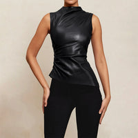 Women's Solid Color Leather Collarless Asymmetrical Hem Slim Fit Sleeveless Vest Top