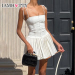 Party Holiday A-line Pleated Sleeveless Corset Dress White Buckle Up Lace-up Straps Chic Mini Dresses High Streetwear
