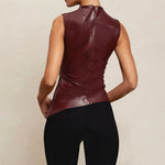 Women's Solid Color Leather Collarless Asymmetrical Hem Slim Fit Sleeveless Vest Top