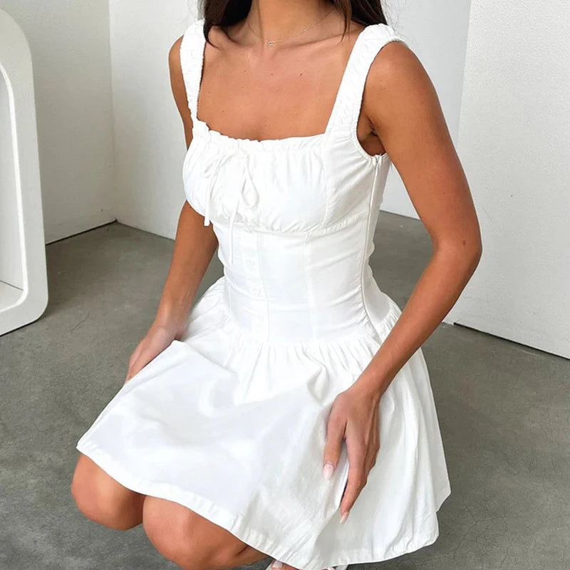 Summer Women Spaghetti Strap Dress Sweet Elegant Square Neck Waist Banquet Dress Casual Hollow Button Pleated Mini Dresses