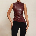 Women's Solid Color Leather Collarless Asymmetrical Hem Slim Fit Sleeveless Vest Top