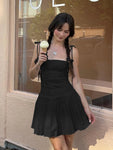 Suninheart Summer A  Line Short Dresses Casual Pleated One-piece Dress Gown Black Birthday Holiday Dress Women