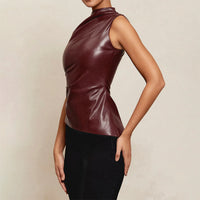 Women's Solid Color Leather Collarless Asymmetrical Hem Slim Fit Sleeveless Vest Top