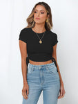 Fashion sexy pit strip navel short drawstring tie round neck short-sleeved T-shirt