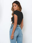 Fashion sexy pit strip navel short drawstring tie round neck short-sleeved T-shirt