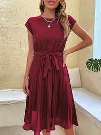 Women's Woven Round Neck Elegant Pleated Dress