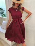 Women's Woven Round Neck Elegant Pleated Dress