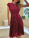 Women's Woven Round Neck Elegant Pleated Dress