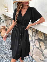 Women's Woven V Neck Short Sleeve Midi Dress