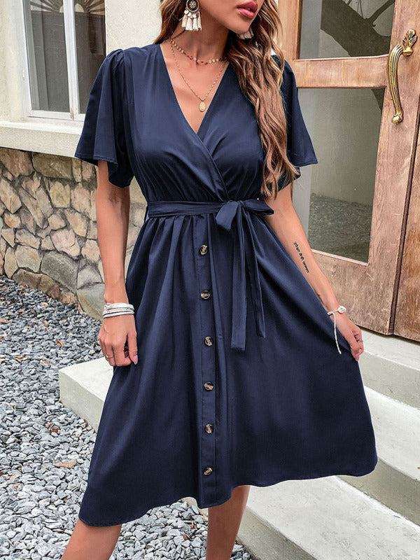 Women's Woven V Neck Short Sleeve Midi Dress