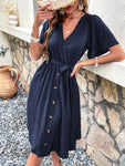 Women's Woven V Neck Short Sleeve Midi Dress