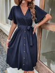 Women's Woven V Neck Short Sleeve Midi Dress