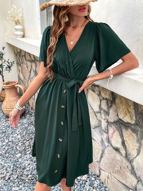 Women's Woven V Neck Short Sleeve Midi Dress