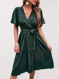 Women's Woven V Neck Short Sleeve Midi Dress