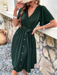 Women's Woven V Neck Short Sleeve Midi Dress