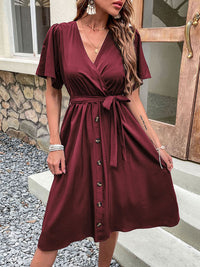 Women's Woven V Neck Short Sleeve Midi Dress