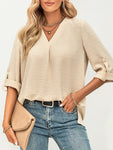 Spring and summer new women's fashion solid color loose V-neck three-quarter sleeve top