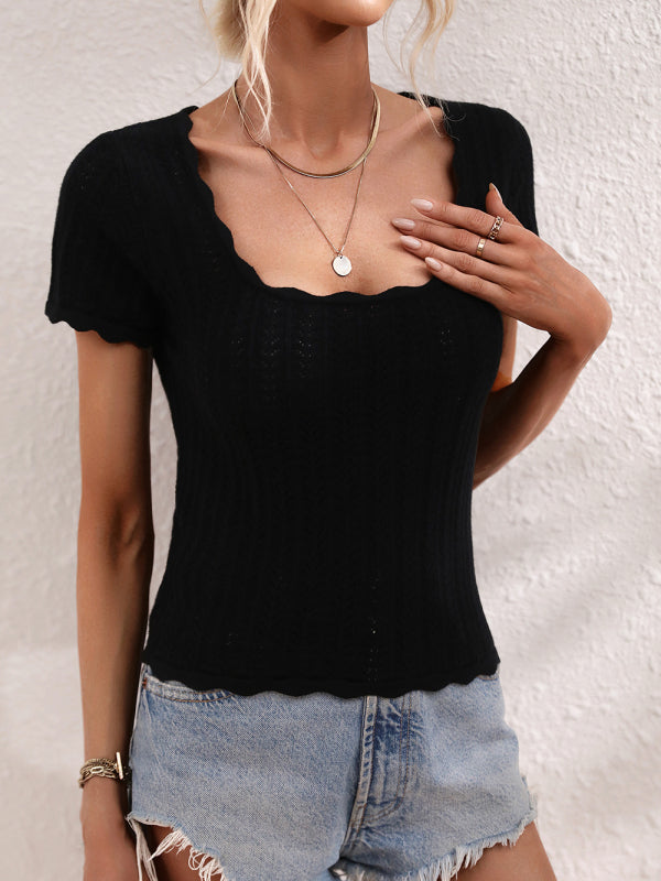 U-neck casual solid color sweater pullover loose round neck stitching sweater