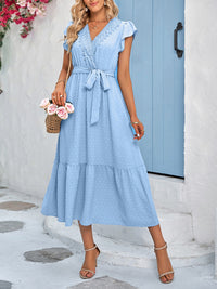 Casual new solid color casual tie waist lace V-neck dress