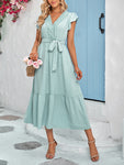 Casual new solid color casual tie waist lace V-neck dress