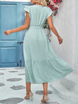 Casual new solid color casual tie waist lace V-neck dress