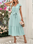 Casual new solid color casual tie waist lace V-neck dress