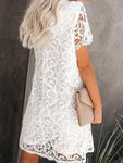 New casual and elegant round neck hollow lace midi dress