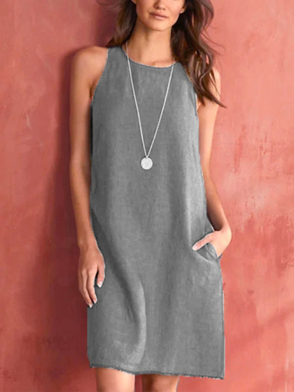 Women's Woven Casual Cotton Linen Comfortable Round Neck Sleeveless Dress