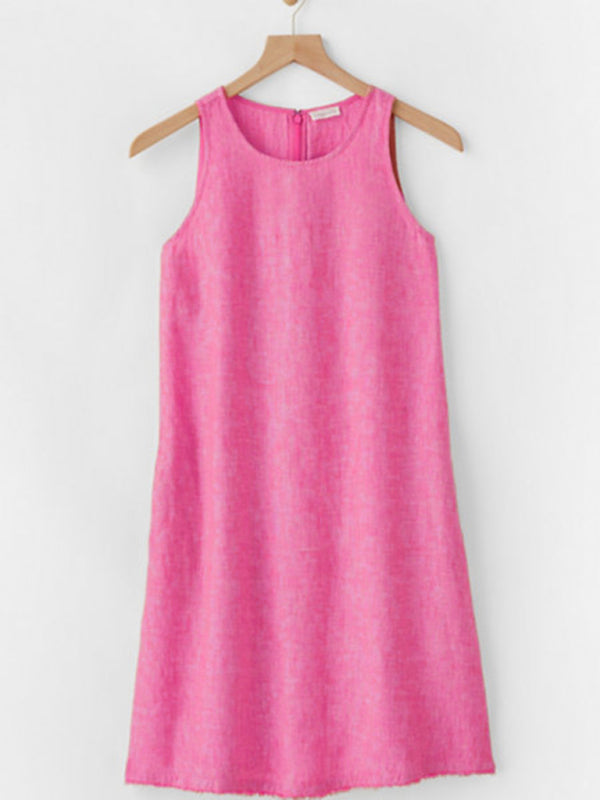 Women's Woven Casual Cotton Linen Comfortable Round Neck Sleeveless Dress