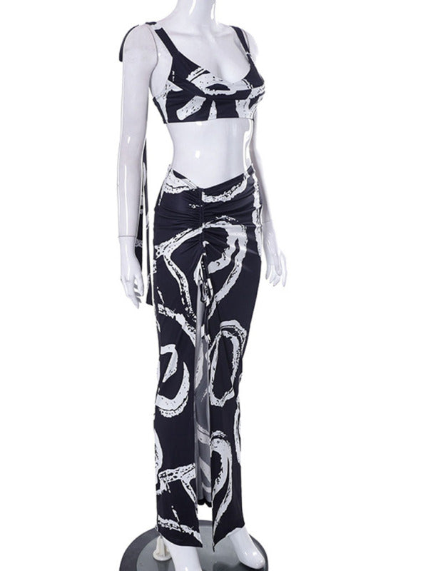 Women's graffiti print sling wrap bust skirt two-piece set