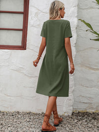 Cotton Linen Solid Color Loose Round Neck Short Sleeve Dress