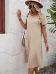 Cotton Linen Solid Color Loose Round Neck Short Sleeve Dress