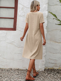 Cotton Linen Solid Color Loose Round Neck Short Sleeve Dress