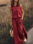 Women's Round Neck Sleeveless Dress Slit Multicolor Solid Color Long Dress