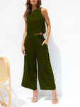 Women's casual sleeveless button-down vest cropped wide-leg pants cotton and linen suit