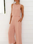 Women's casual sleeveless button-down vest cropped wide-leg pants cotton and linen suit