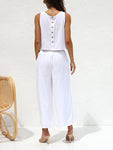 Women's casual sleeveless button-down vest cropped wide-leg pants cotton and linen suit