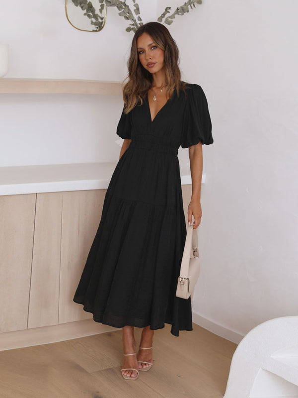 Holiday Style Deep V Puff Sleeve Dress