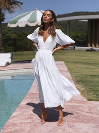 Holiday Style Deep V Puff Sleeve Dress