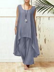 Cotton linen fashion casual irregular sleeveless wide-leg pants two-piece set