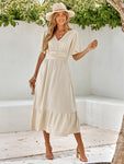 Women's summer new V-neck lotus leaf sleeve solid color dress