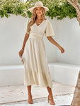 Women's summer new V-neck lotus leaf sleeve solid color dress