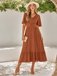 Women's summer new V-neck lotus leaf sleeve solid color dress