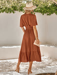 Women's summer new V-neck lotus leaf sleeve solid color dress