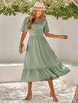 Women's summer new V-neck lotus leaf sleeve solid color dress