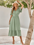 Women's summer new V-neck lotus leaf sleeve solid color dress