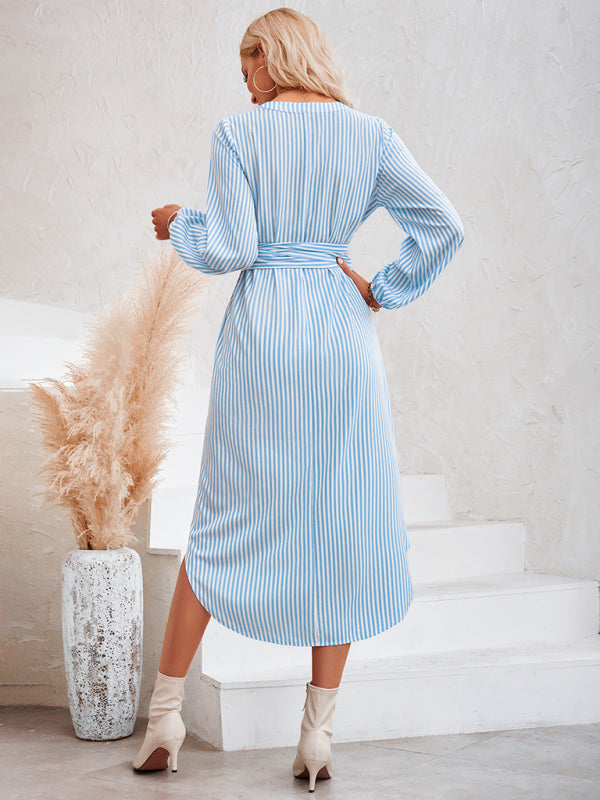 Casual V-neck striped tie waist shirt dress