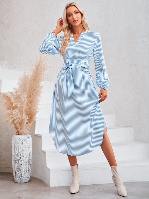 Casual V-neck striped tie waist shirt dress